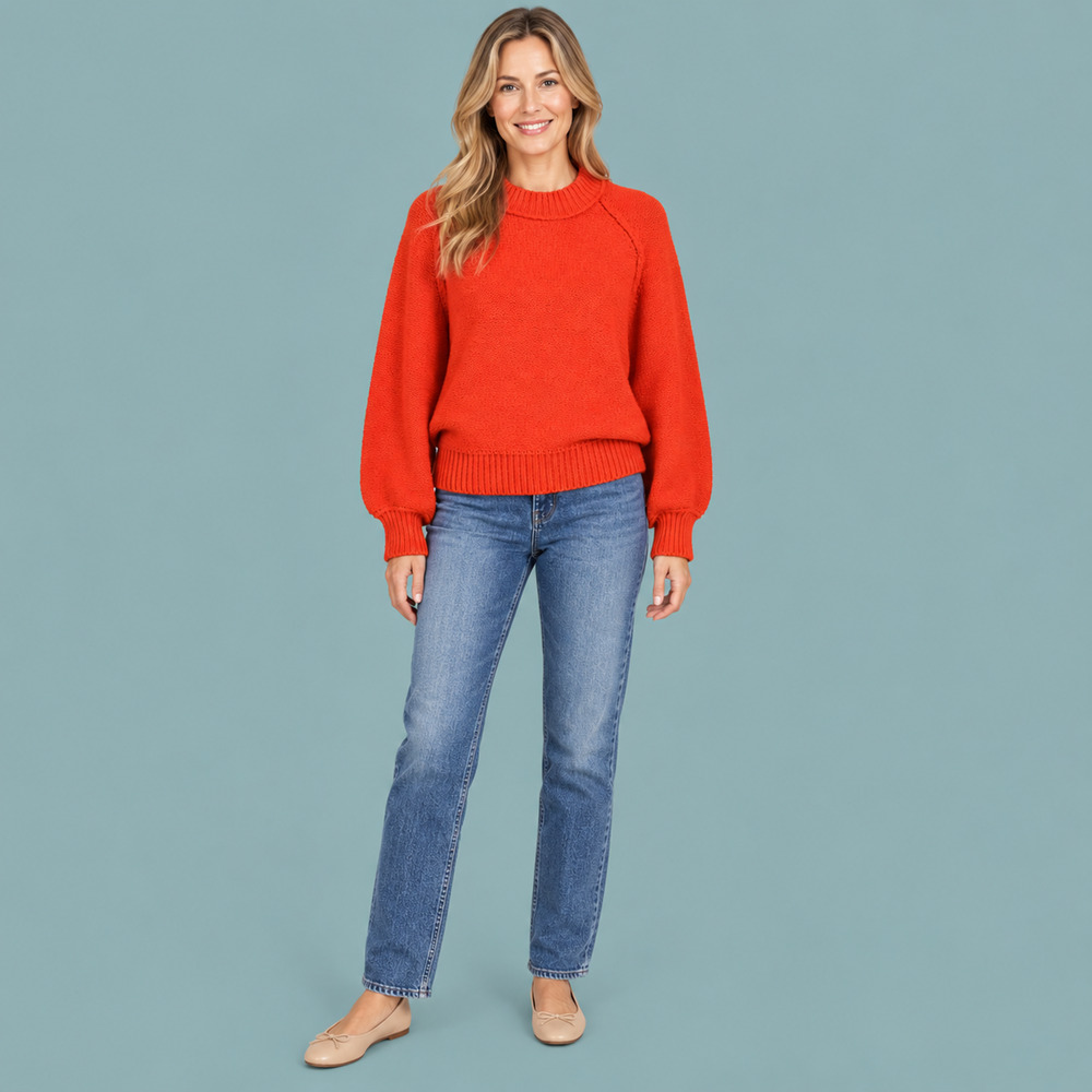 Free People Medium M Riley Mock Neck Fiery Red Embellished Cotton Knit Sweater